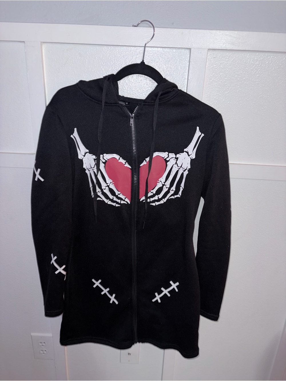 Black Zip-Up Hoodie Jacket/Dress with Red Heart Skeleton Graphic